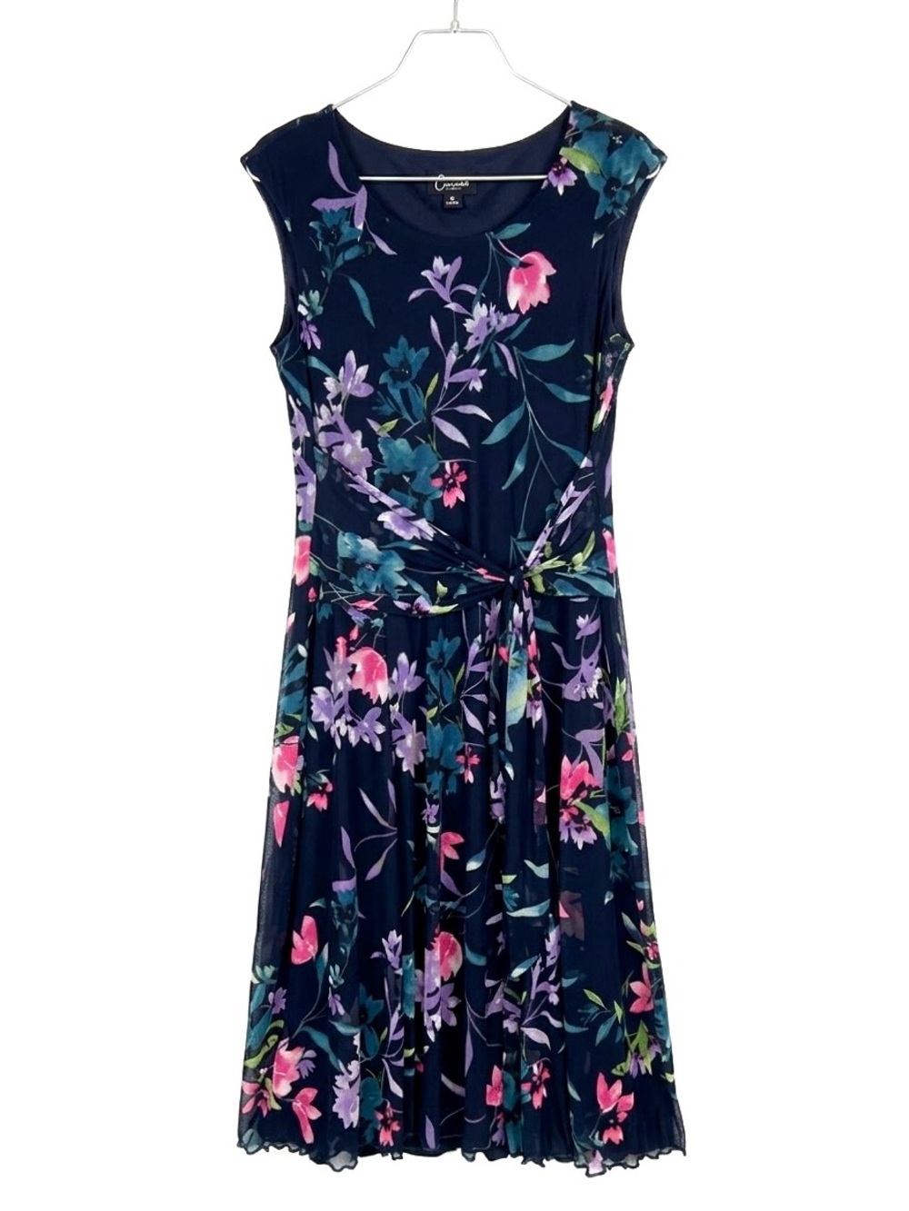 Connected Apparel Navy Floral Mesh Faux Wrap Waist Midi Dress Size 10